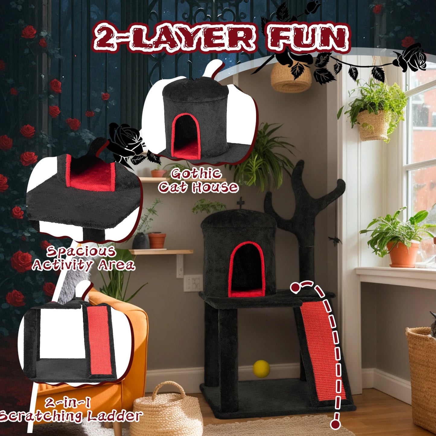 Halloween Cat Tower Tree with Spacious Cat Condo, Brach Shaped Scratching Post, Scratching Ladder