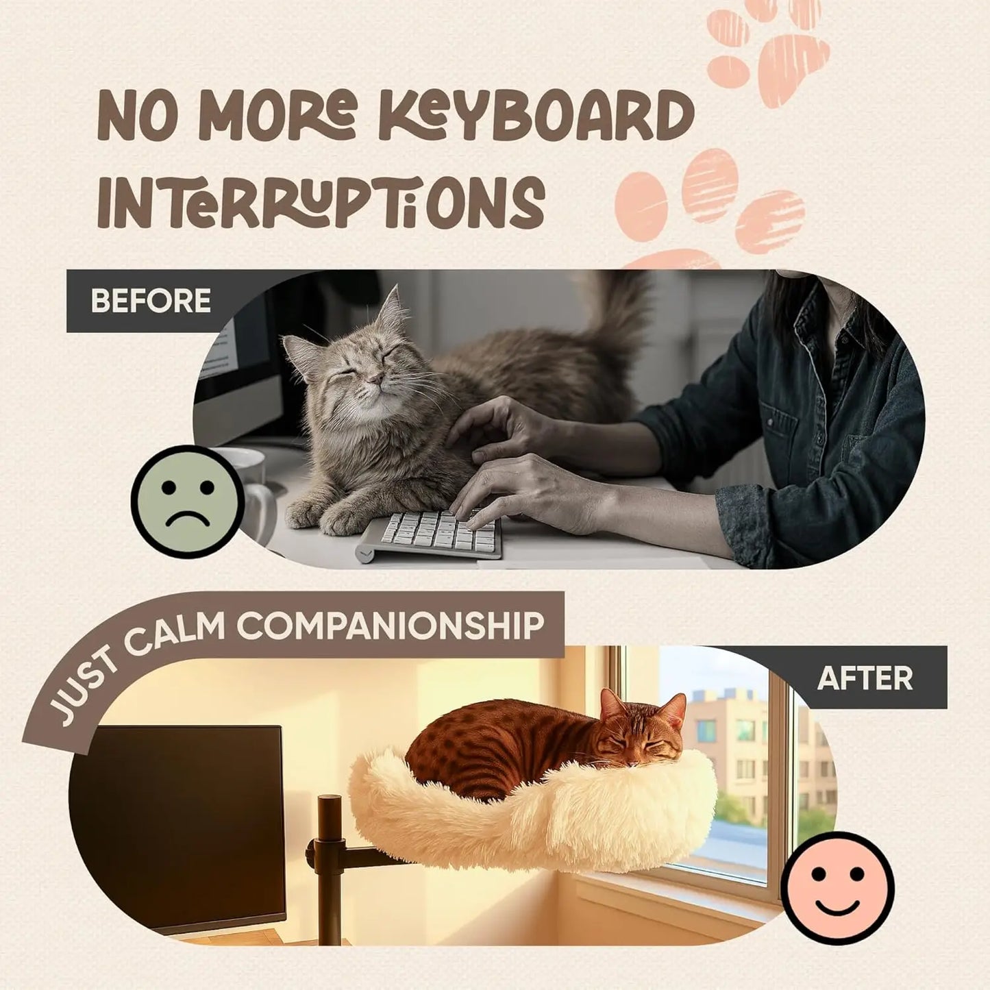 360° Rotating Adjustable Cat Desk Bed with 60LB Capacity, Washable Fluffy Hammock for Computer Desks