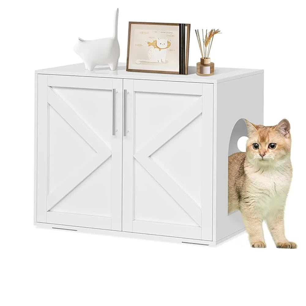 Hidden Litter Box Furniture with 2 Doors, Wooden Litter Box Enclosure Furniture