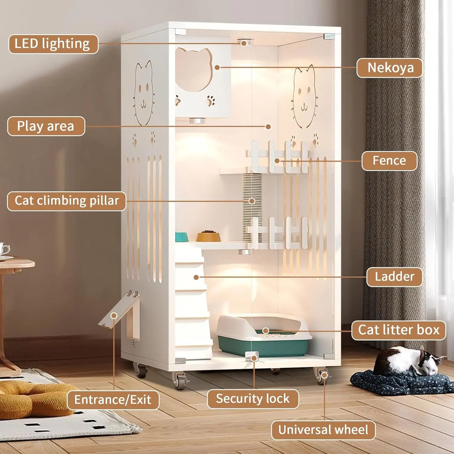 Wooden Indoor Cat House Condo Villa Cage with Scratching Post Wheels