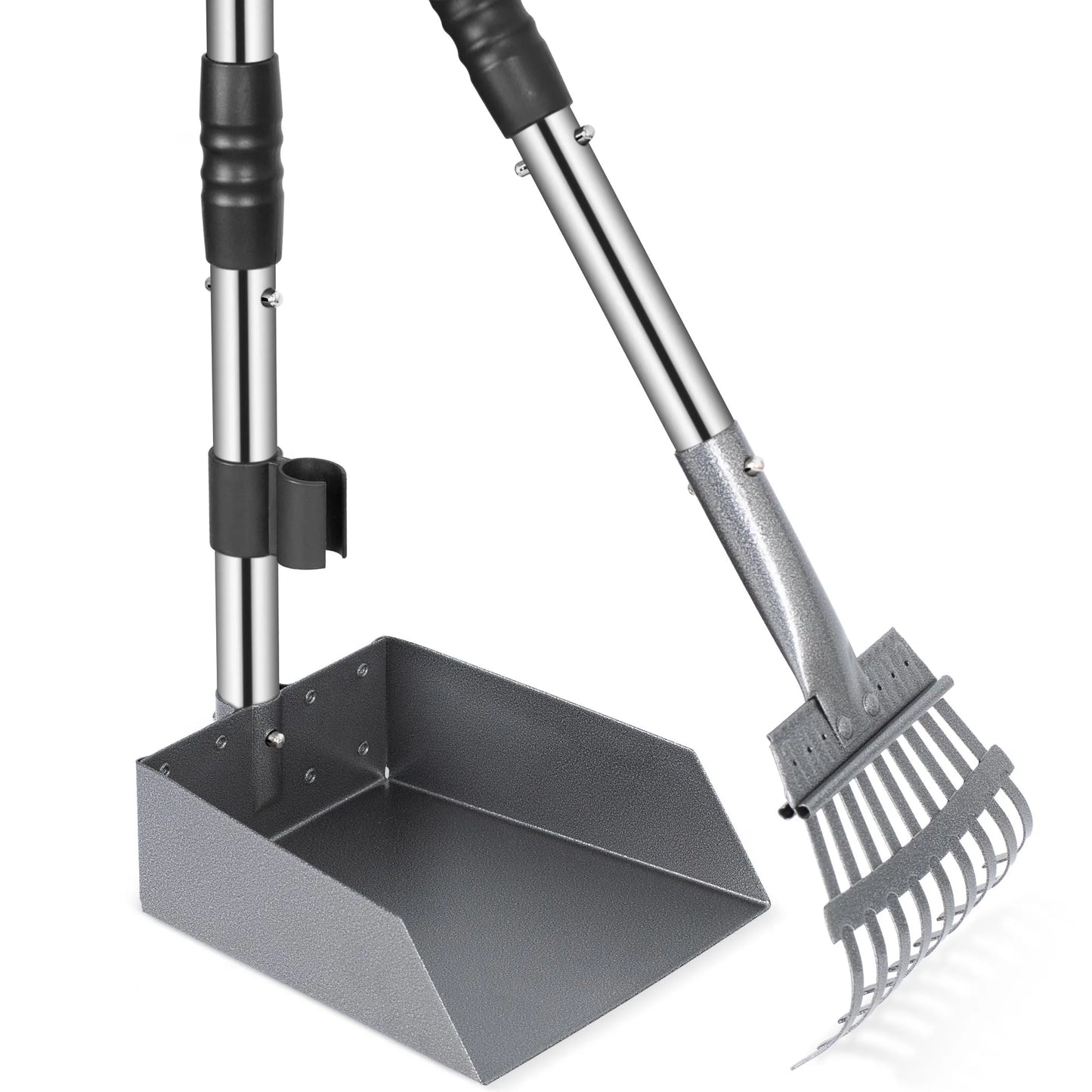 Dog Poop Tray and Rake Set, Pet Waste Removal Scoop with Long Adjustable Sectional Stainless Handles