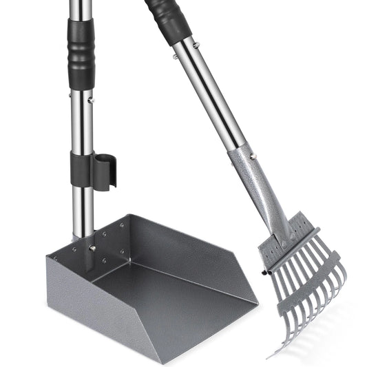 Dog Poop Tray and Rake Set, Pet Waste Removal Scoop with Long Adjustable Sectional Stainless Handles