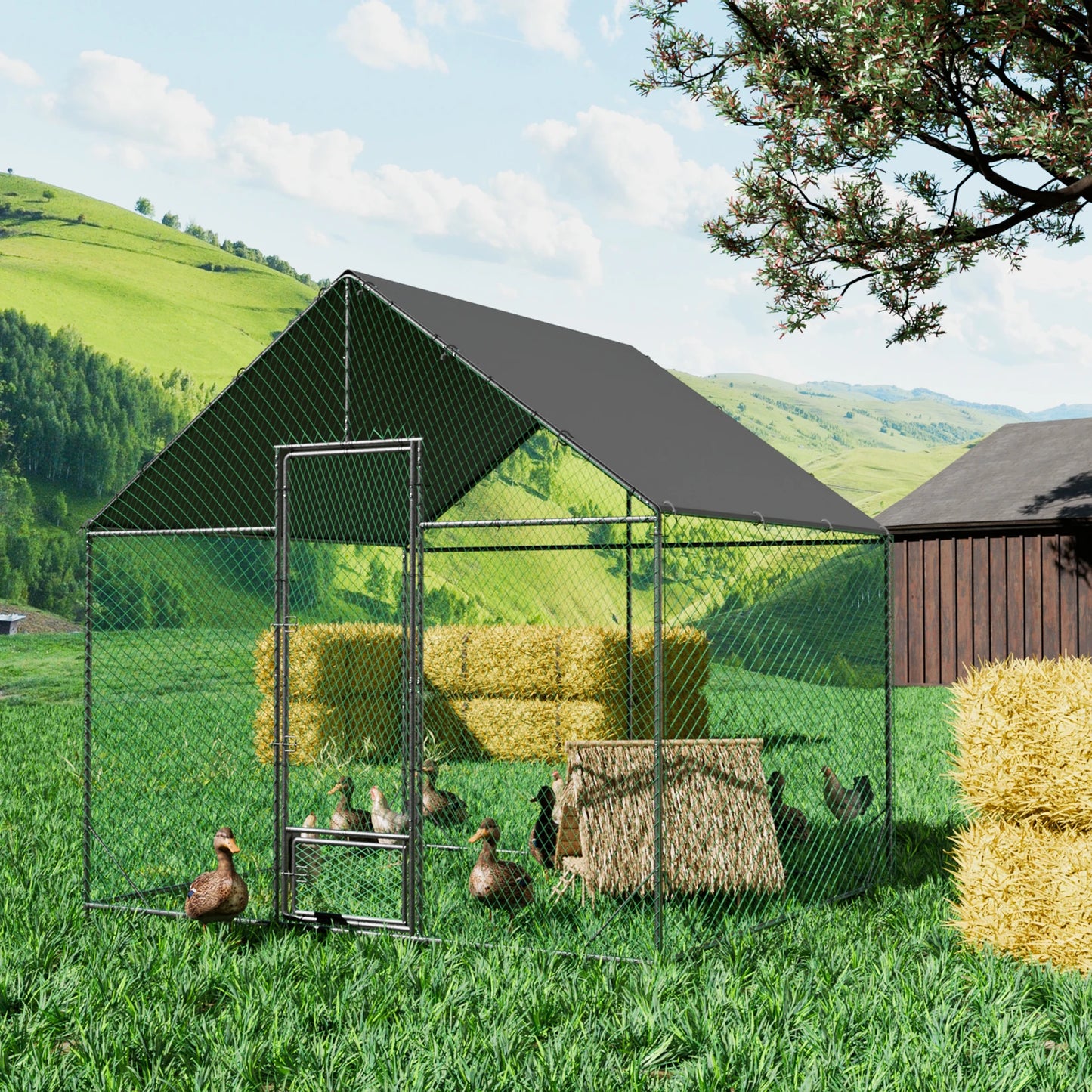 Heavy Duty Metal Chicken Coop w/ Cover and Nylon Netting