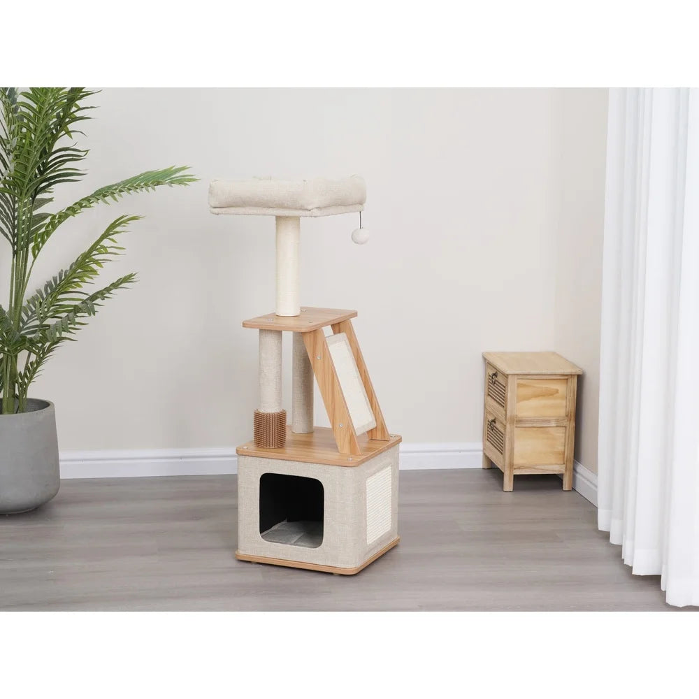 Cat Tree with Condo Perch Sisal Scratcher Double Scratching Post Interactive Toy Rubber Grooming Brush Indoor Cat