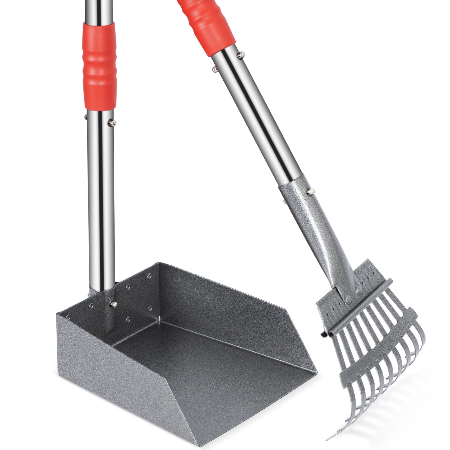 Dog Poop Tray and Rake Set, Pet Waste Removal Scoop with Long Adjustable Sectional Stainless Handles