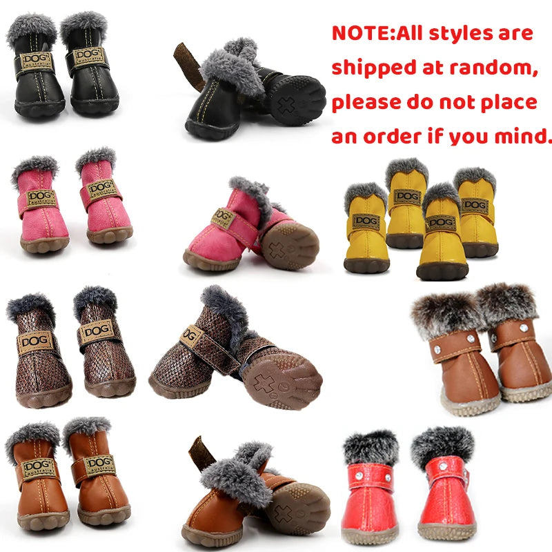 4Pcs/set Winter Pet Shoes Waterproof Thick Warm Leather Dog Shoes Non-slip