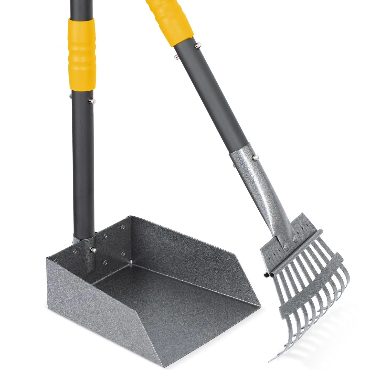 Dog Poop Tray and Rake Set, Pet Waste Removal Scoop with Long Adjustable Sectional Stainless Handles