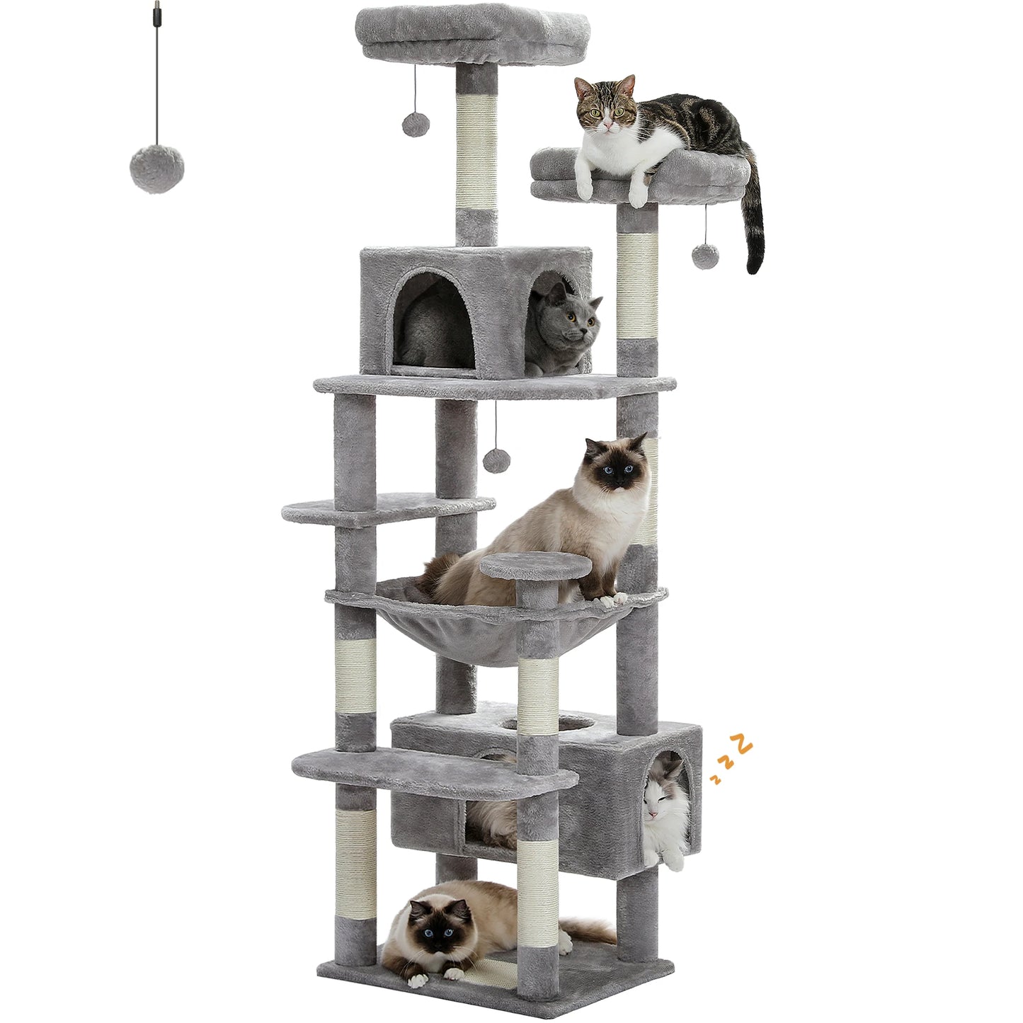 Multi-Level Cat Tree Tower with Scratching Posts&Board, Hammock, Cat Condo,