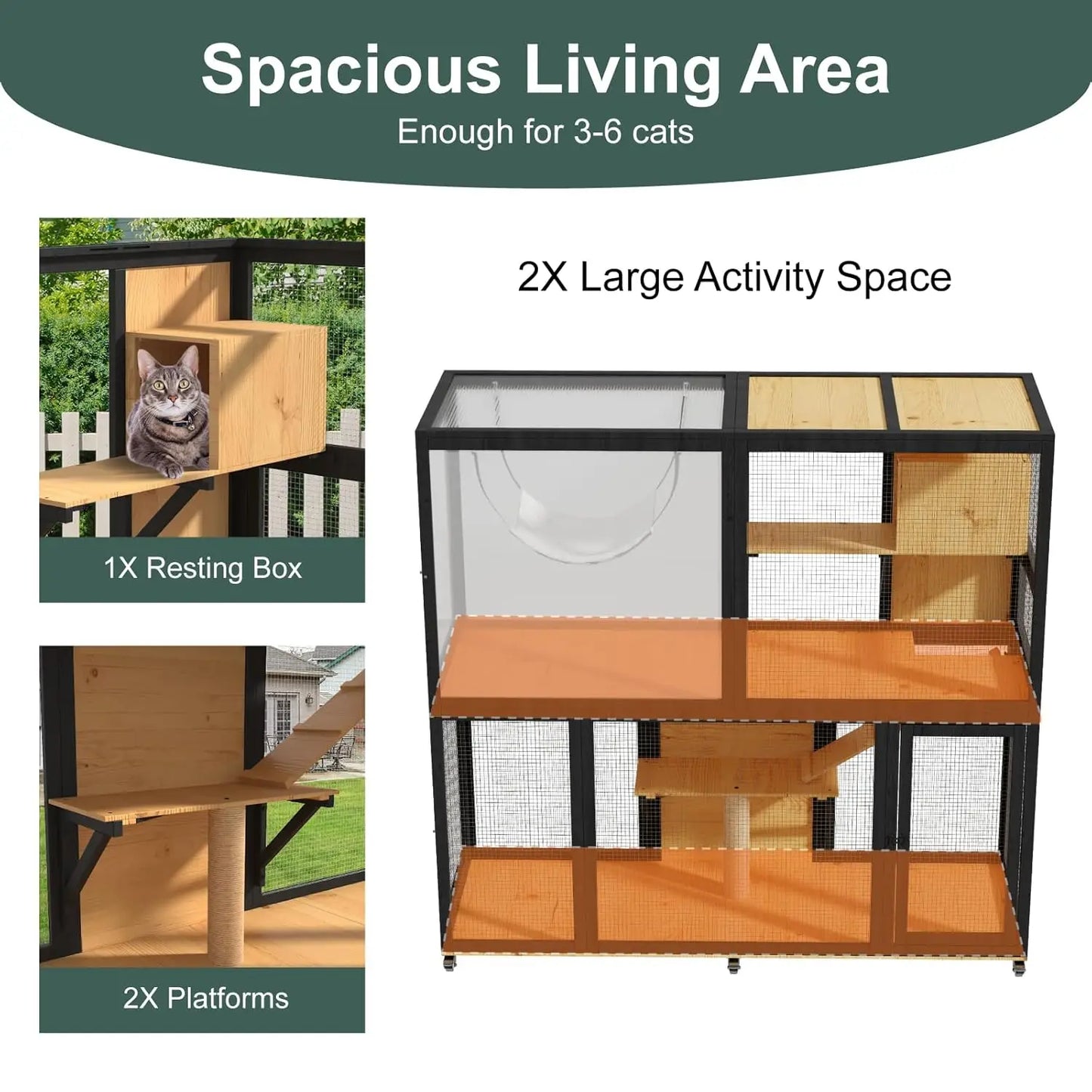Large Wooden Cat Enclosure 4 Tier Outdoor Sunbathing Cage Patio 4 Access Doors Wheels