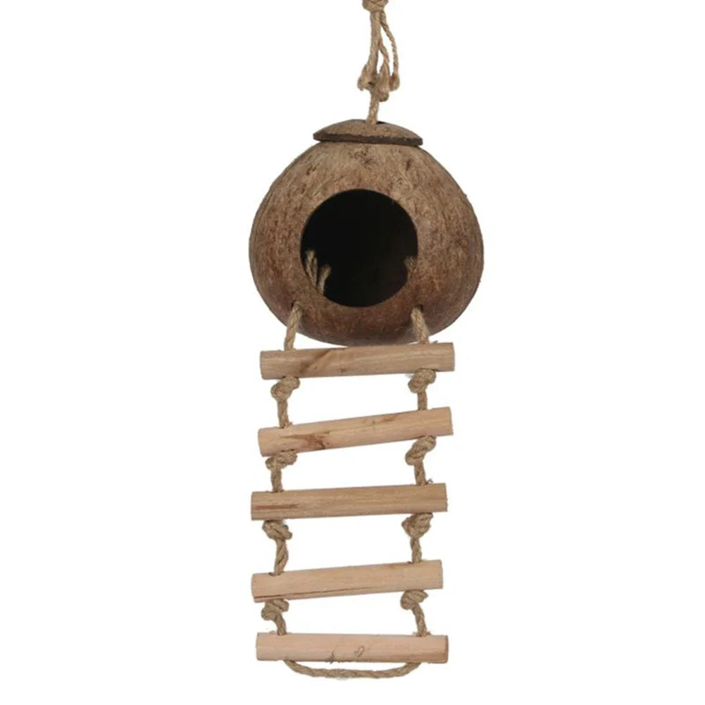 Hanging Coconut Bird House with Ladder, Nest Hut for Parrots & Small Birds