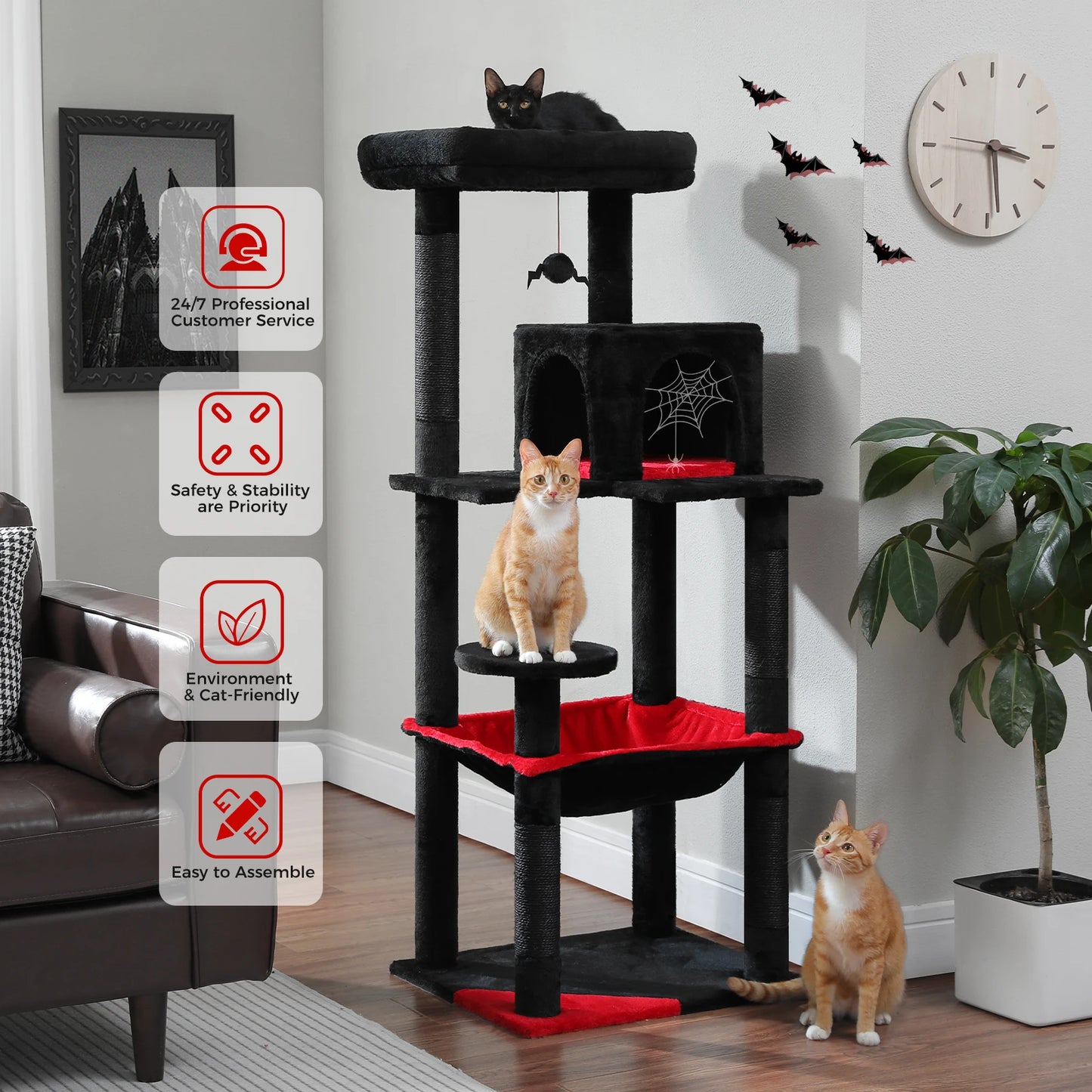 Gothic Cat Tree for Indoor Cats, Tall Cat Tower with Super Large Hammock, Sisal Covered Scratching Post