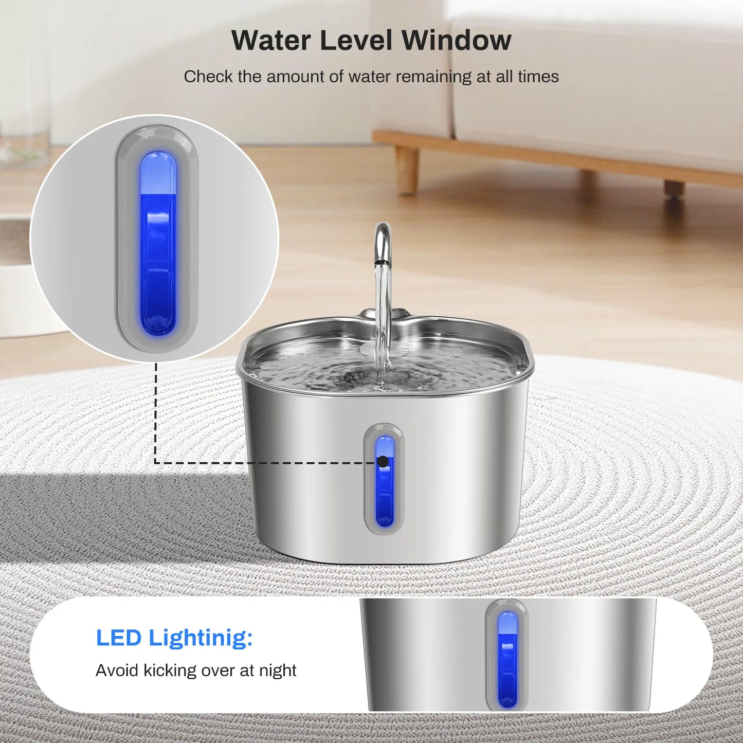 Ultra Quiet Pet Fountain with Multi-Layer Filtration, LED Water Level Window