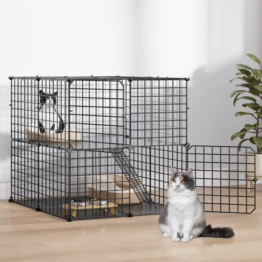 Cat Enclosure for Kittens, 2Tier Pet Cage for Small Animals, Kitty Playpen House for Indoor Outdoor Black