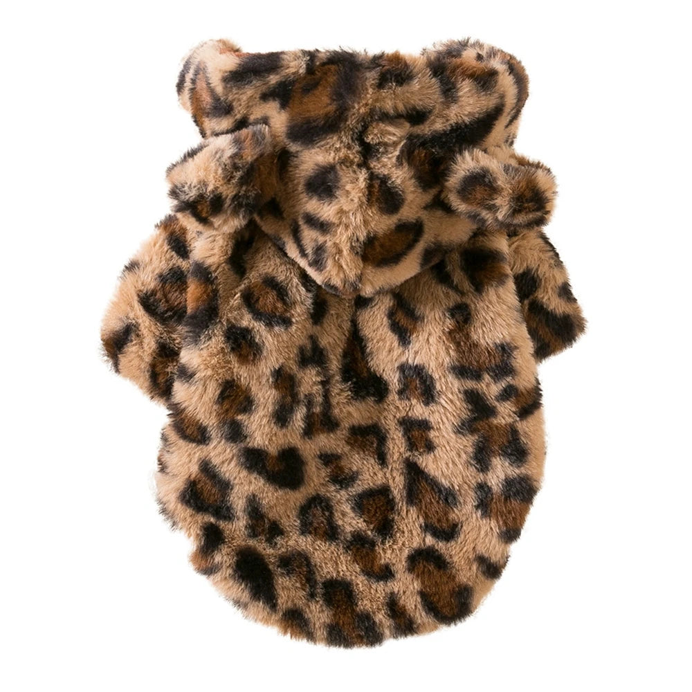 Warm Fleece Dog Hoodie Leopard Dog Coat Jacket French Bulldog Clothing