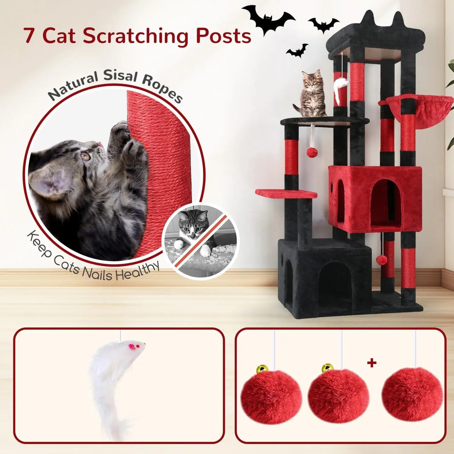 Gothic Cat Tree for Large Indoor Cats, 61-inch Tower with Scratching Posts, Top Perch & Condos