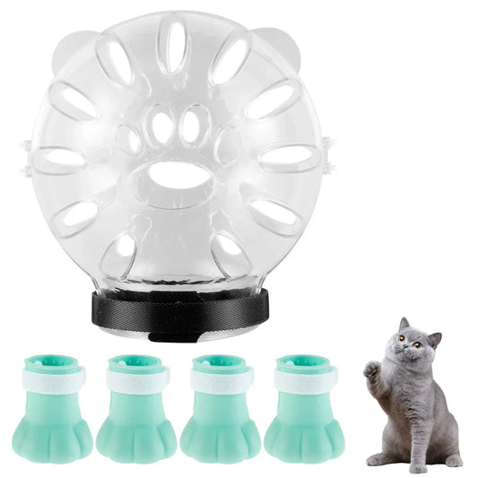 Cat Muzzle with 4Pcs Paw Cover Anti Bite Breathable Space Hood