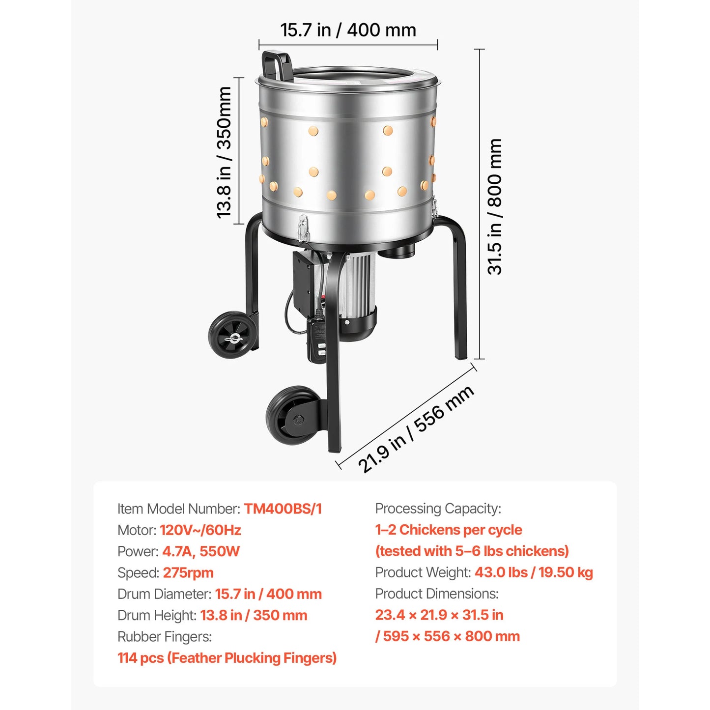 SucceBuy Chicken Plucker Machine 15.7in/19.7in/25.6in Drum with Soft Fingers & Transport Wheels for Processing 1-2/4 Chicks Once