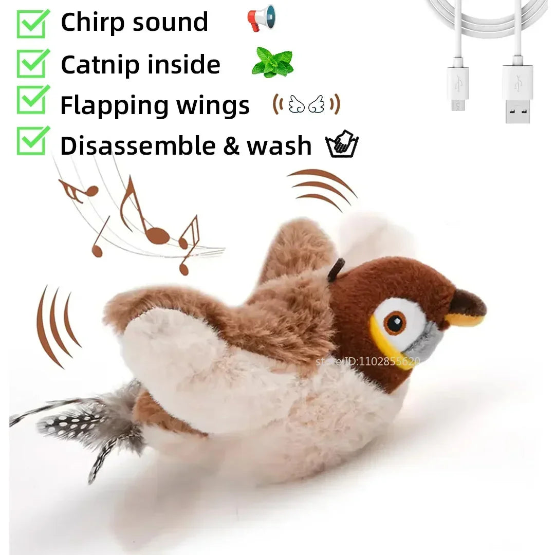 Rechargeable Chirping Flapping Bird Catnip Touch Acti vated Squeak Plush Toy Pet