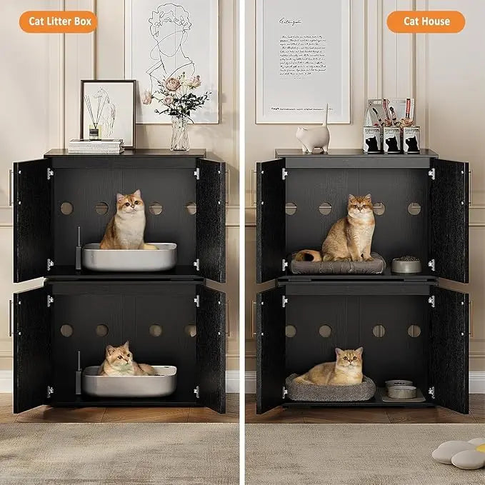 Hidden Litter Box Furniture with 2 Doors, Wooden Litter Box Enclosure Furniture