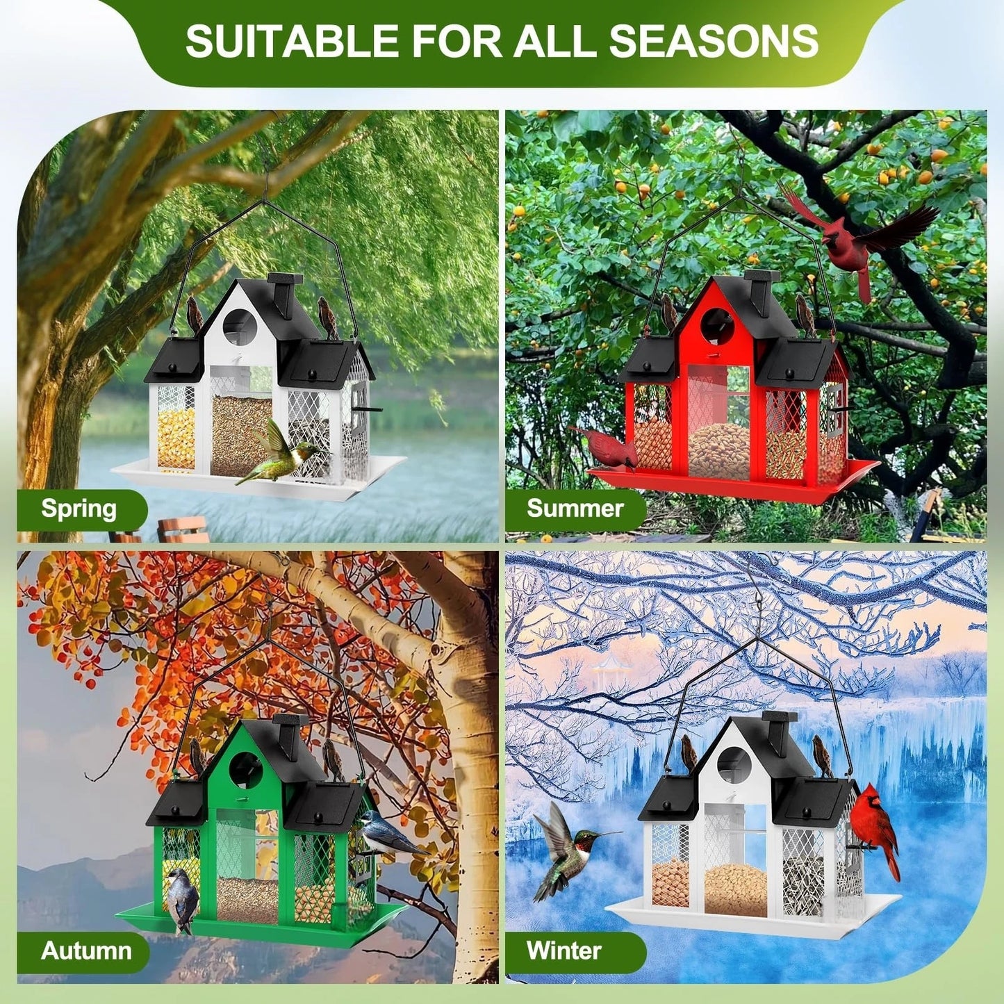 Large Birdhouse with Metal Mesh Cover and Seed Tray,  Weather-Resistant Metal Outdoor Garden Courtyard Decoration Bird Feeding Station,