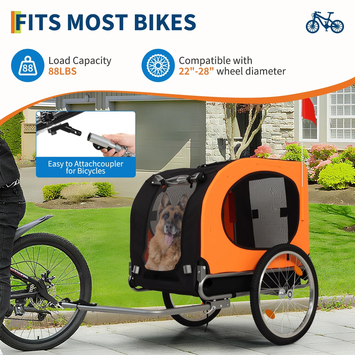 88lbs Collapsible Dog Bike Trailer Heavy Duty Pet Carrier Cart Quick Release Waterproof Stroller Wagon, Compatible Coupler