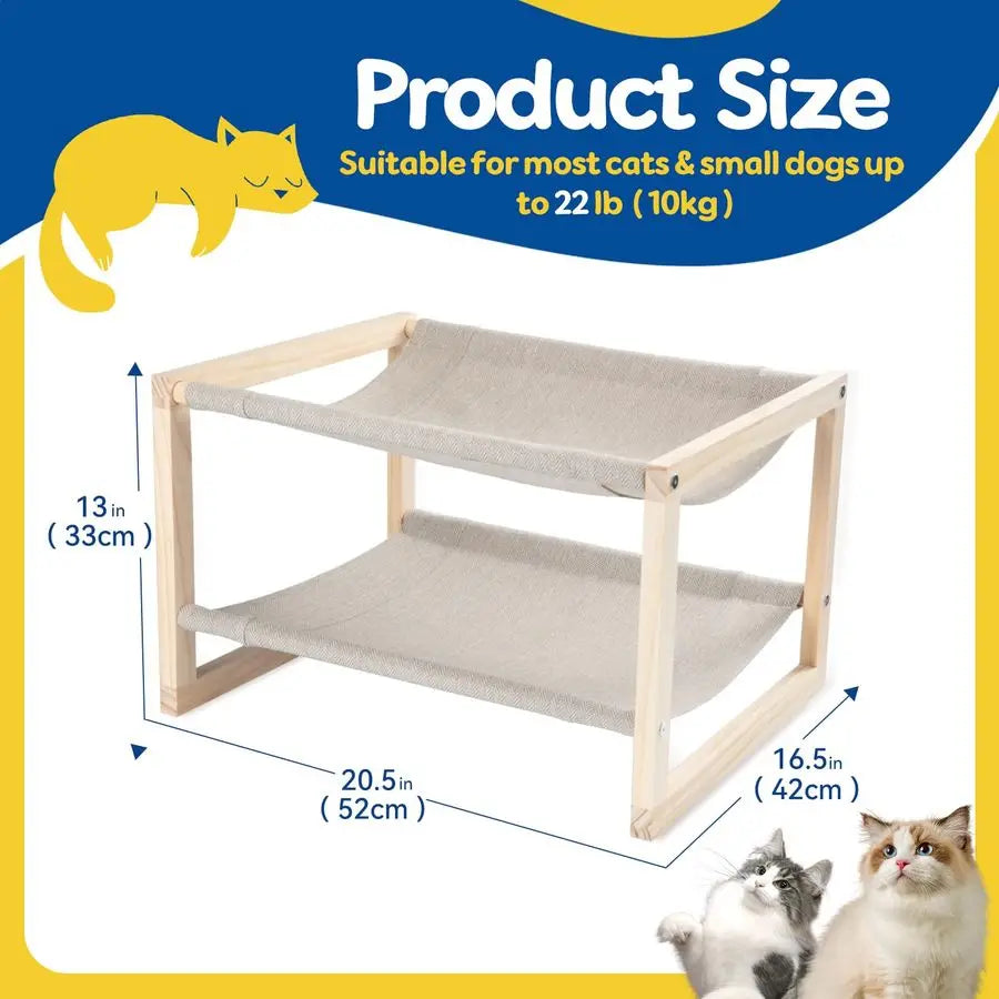 Hammock, Double Layer Wooden Bed for Indoor Cats, 2 Tier Elevated Cat Bed