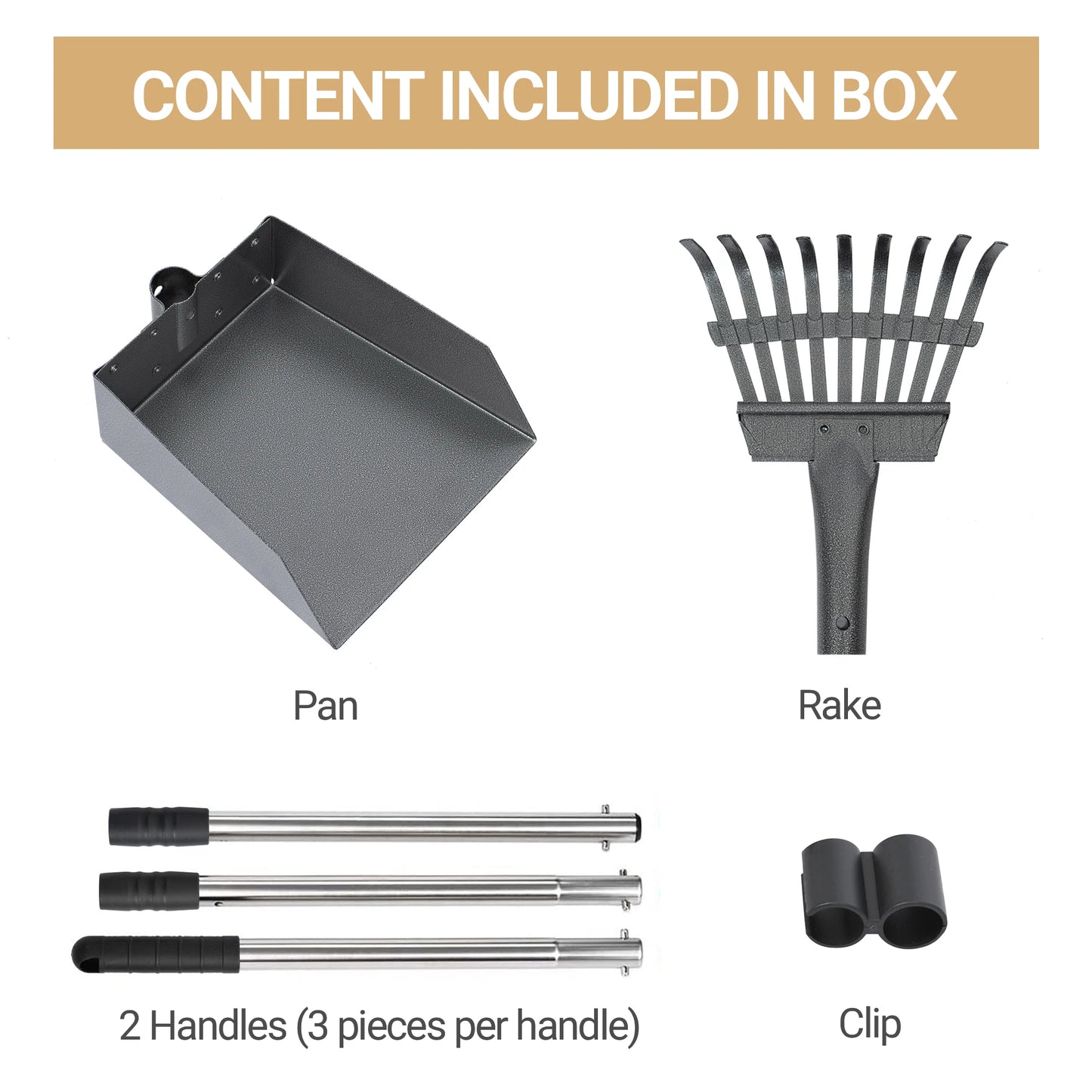 Dog Poop Tray and Rake Set, Pet Waste Removal Scoop with Long Adjustable Sectional Stainless Handles