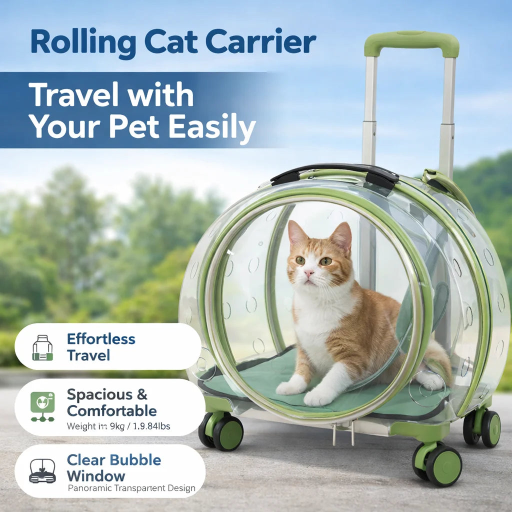 Rolling Cat Carrier with Wheels Telescopic Handle PC Pet Travel Bag Clear Bubble Cat Trolley Backpack for Vet Trip Outdoor