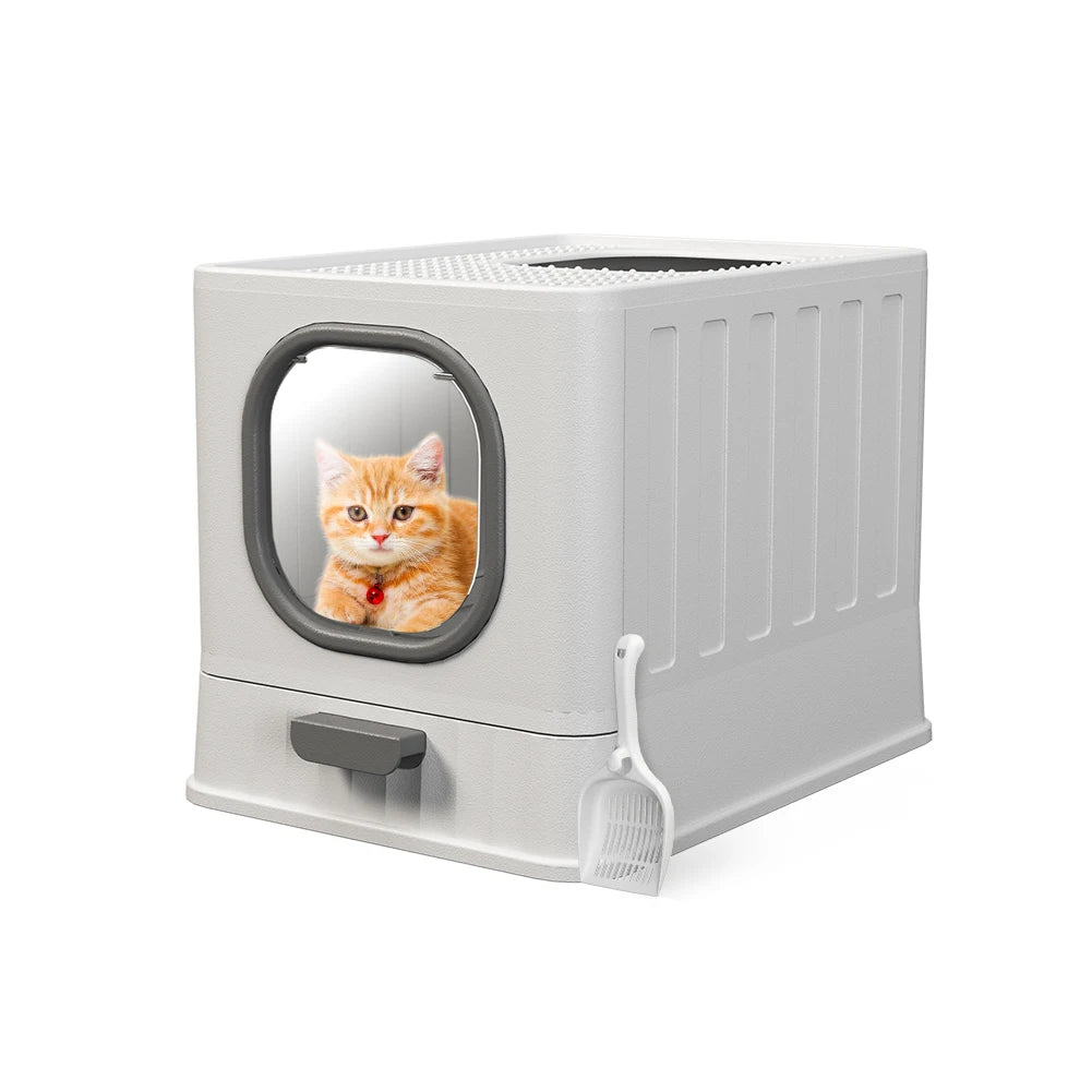 Covered Litter Box with Top Entry,  Slide-Out Tray, Scoop,
