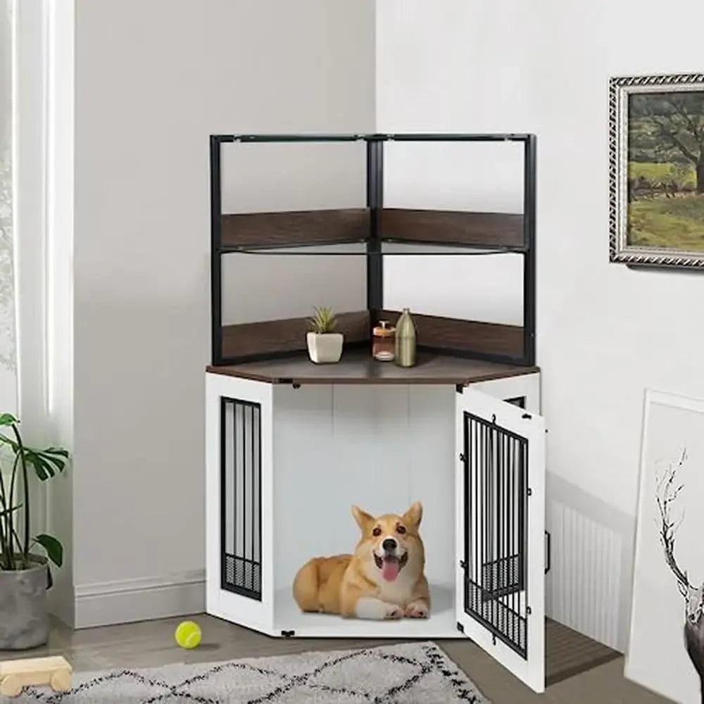 Wooden Corner Dog Crate Furniture Glass Shelves