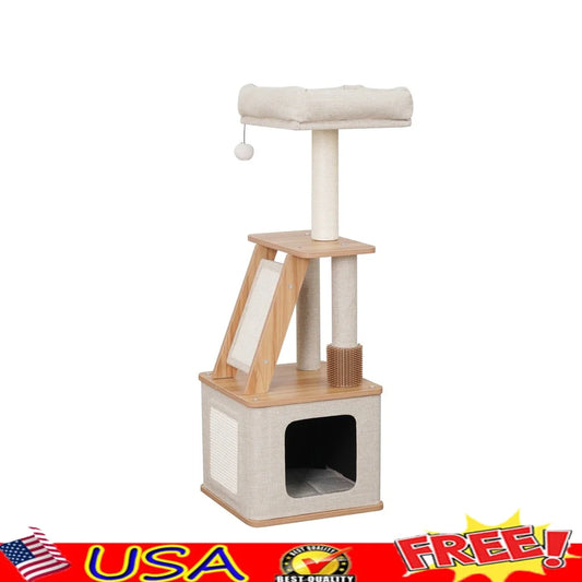 Cat Tree with Condo Perch Sisal Scratcher Double Scratching Post Interactive Toy Rubber Grooming Brush Indoor Cat