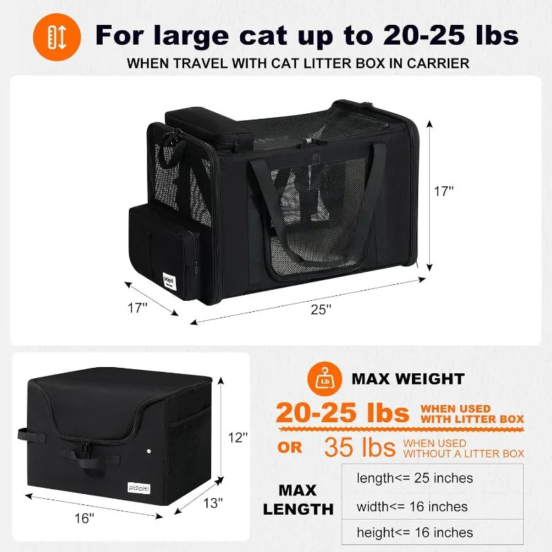Extra-Large Expandable Cat Carrier For Car Travel,with A Leakproof Portable Tall-Side Litter Box