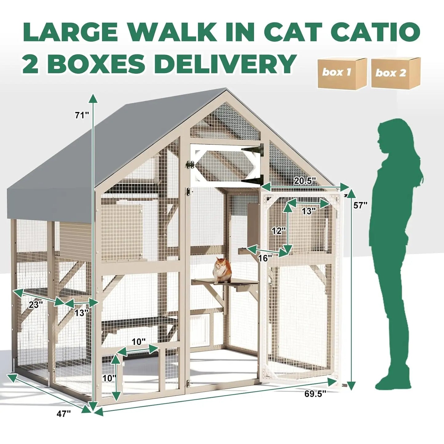 71" Weatherproof Outdoor Cat Enclosure – Large Walk-In Cat House with Window