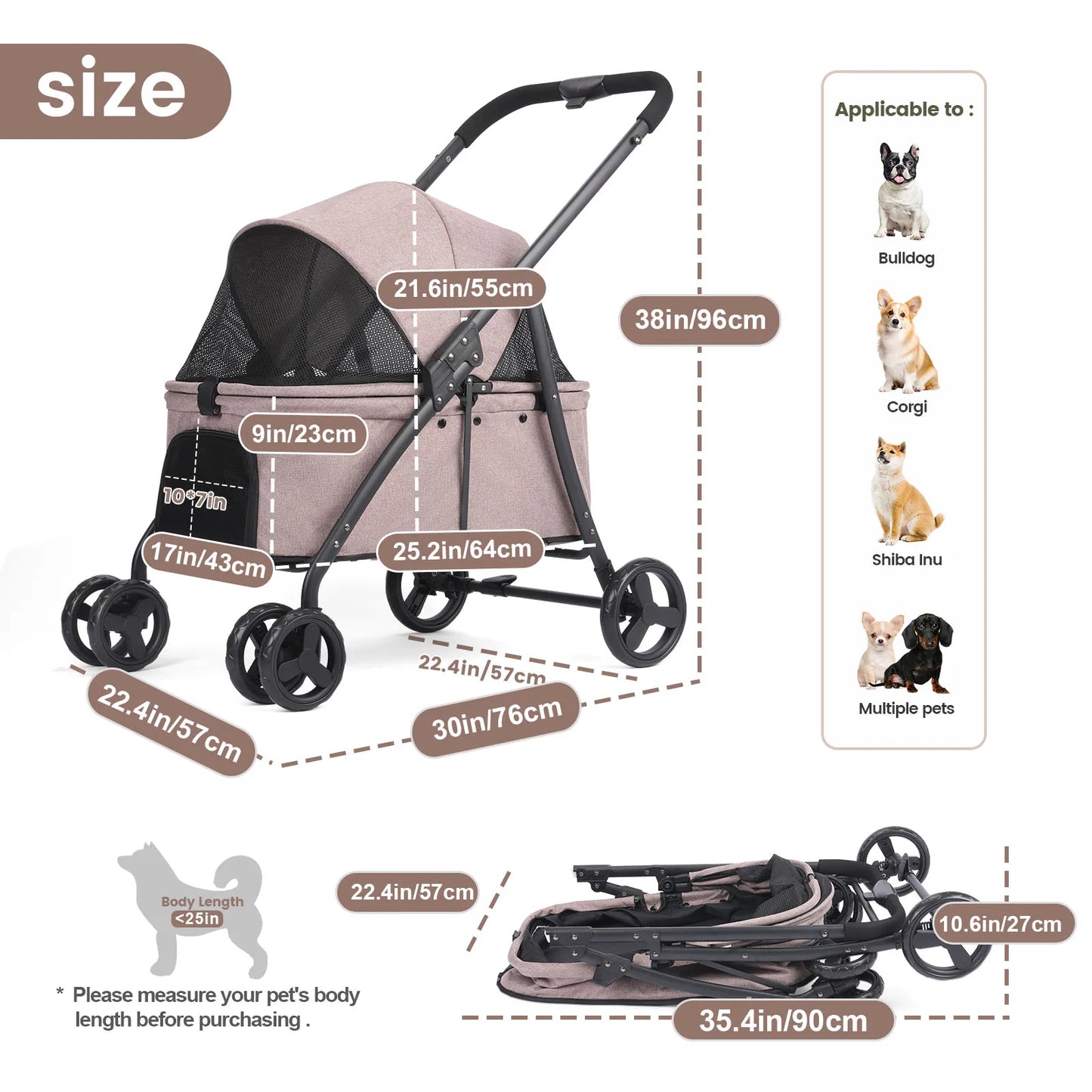 Foldable Dog Stroller Portable Dog Buggy 4 Wheel Pet Stroller Pushchair Travel Carriage Stroller Cart