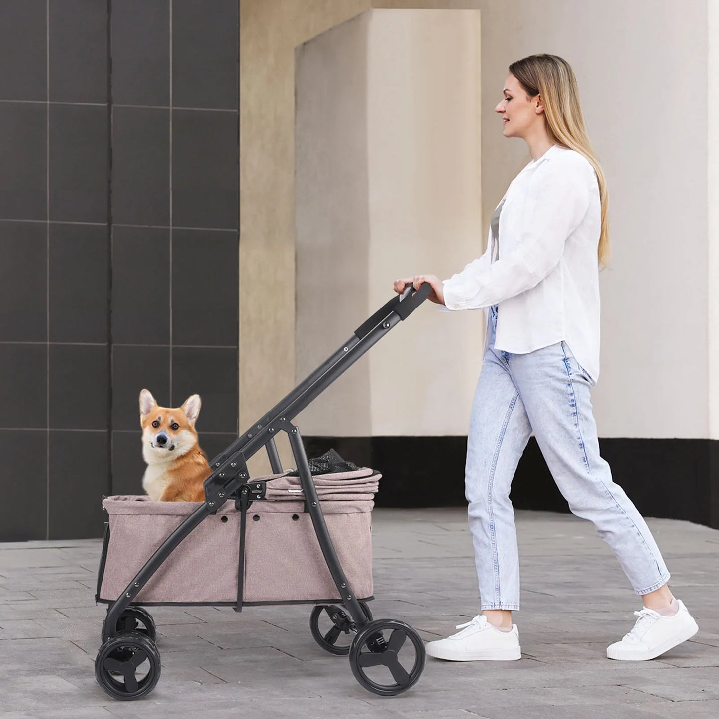 Foldable Dog Stroller Portable Dog Buggy 4 Wheel Pet Stroller Pushchair Travel Carriage Stroller Cart