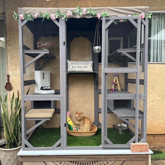 70in Wooden Outdoor Cat Enclosure Large Door Platforms Condo Playpen House