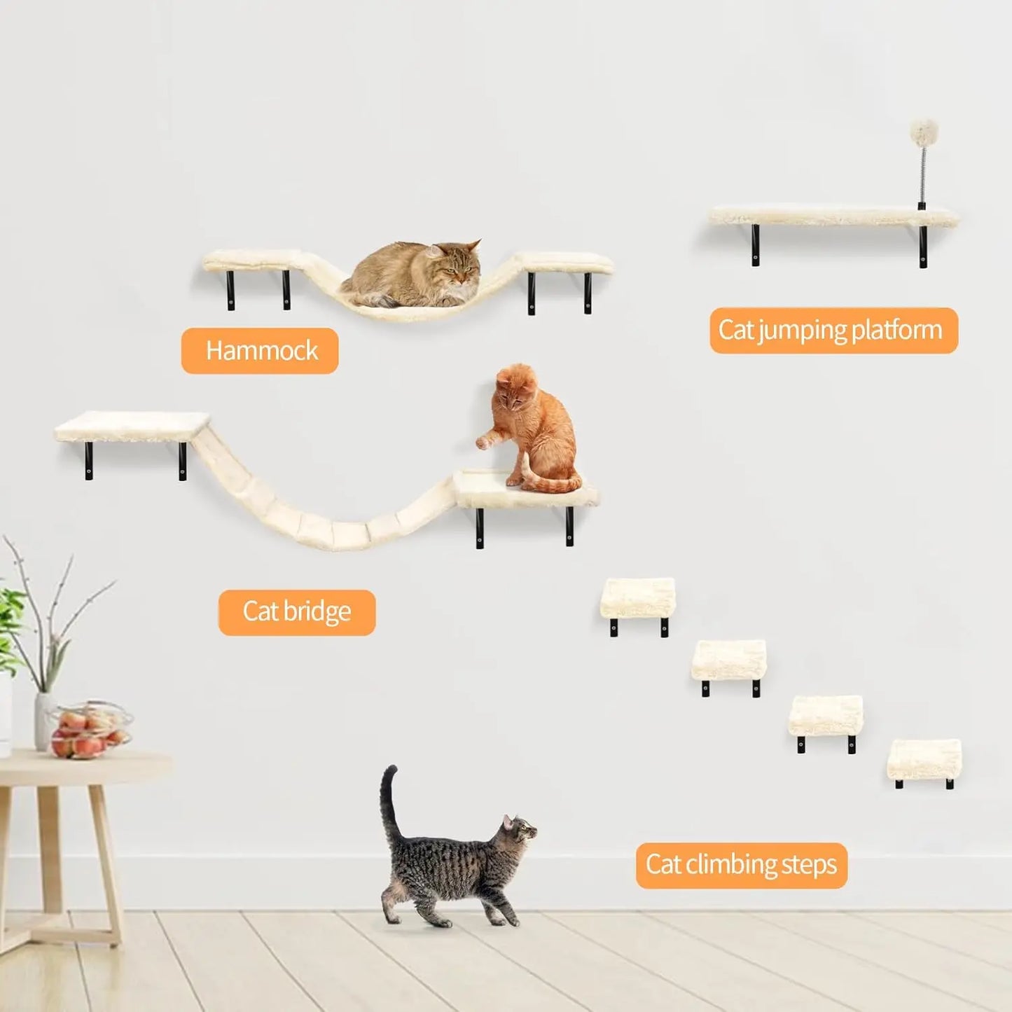 Wall-Mounted Cat Climber Set with Shelves, Perches, Bridge, Hammock & Scratching Board - 7 Pcs Wood Indoor Furniture for Kittens