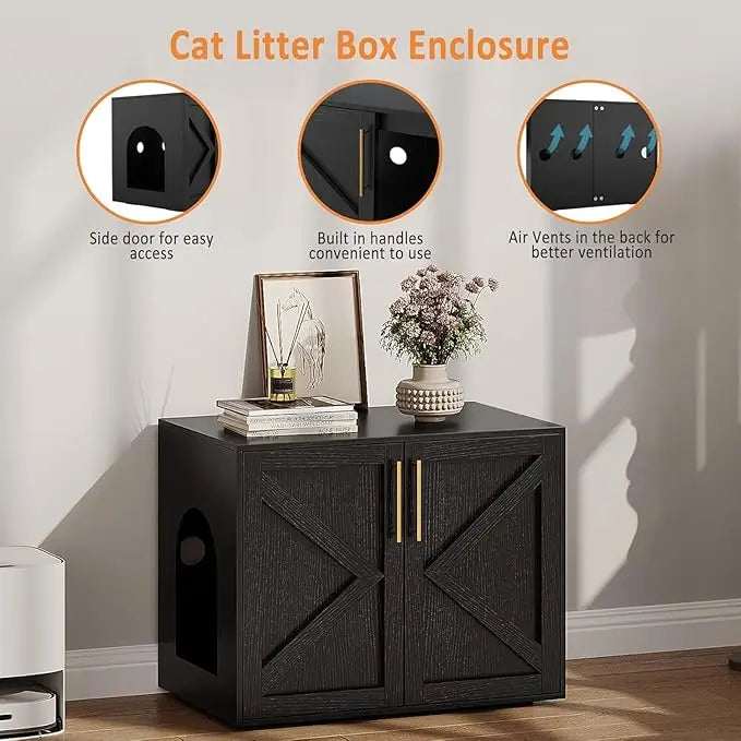 Hidden Litter Box Furniture with 2 Doors, Wooden Litter Box Enclosure Furniture
