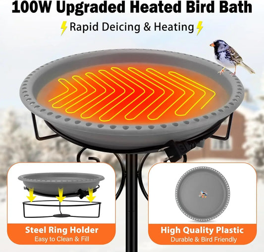 100W Heated Bird Bath with Thermostat Control, 5-Prong Metal Base for Winter Outdoor Garden Patio Yard (Grey)