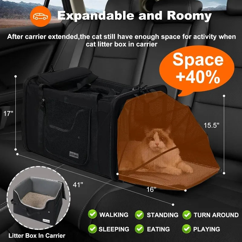 Extra-Large Expandable Cat Carrier For Car Travel,with A Leakproof Portable Tall-Side Litter Box