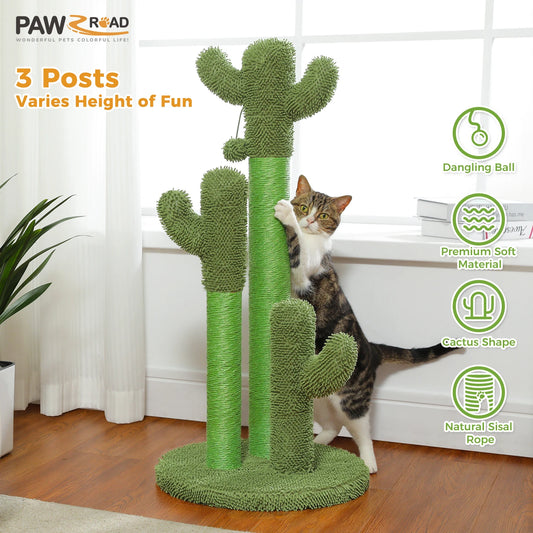 Cactus Cat Scratcher with 3 Sisal Scratching Poles Interactive Dangling Ball Cat Toys