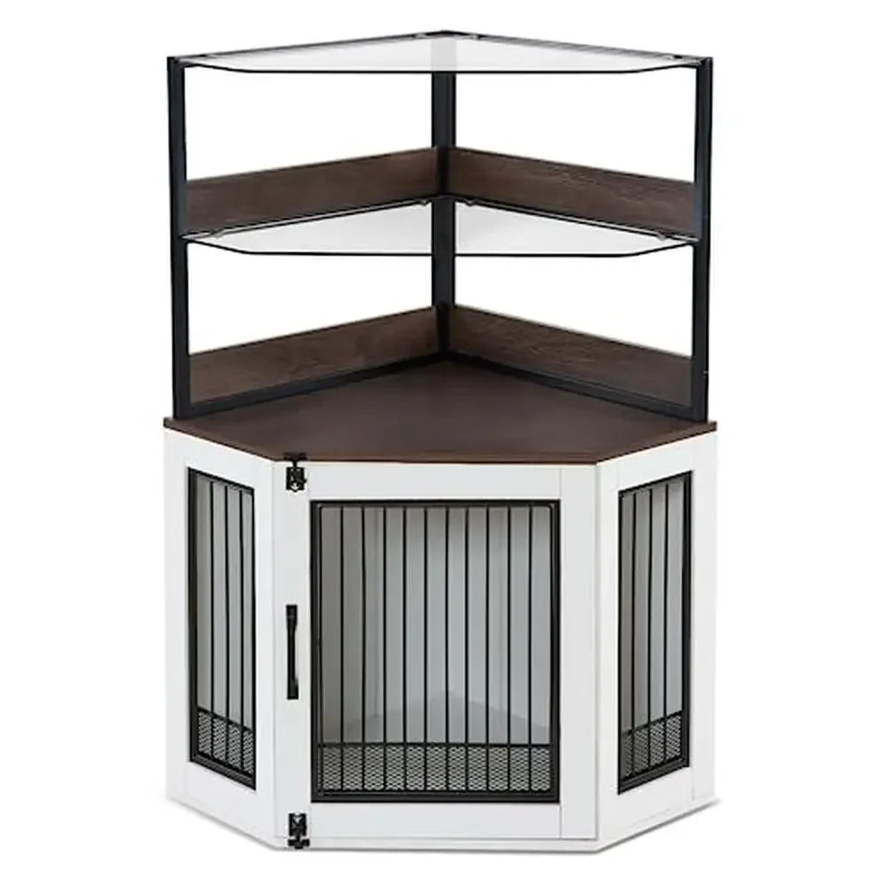 Wooden Corner Dog Crate Furniture Glass Shelves