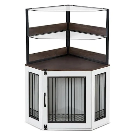 Wooden Corner Dog Crate Furniture Glass Shelves