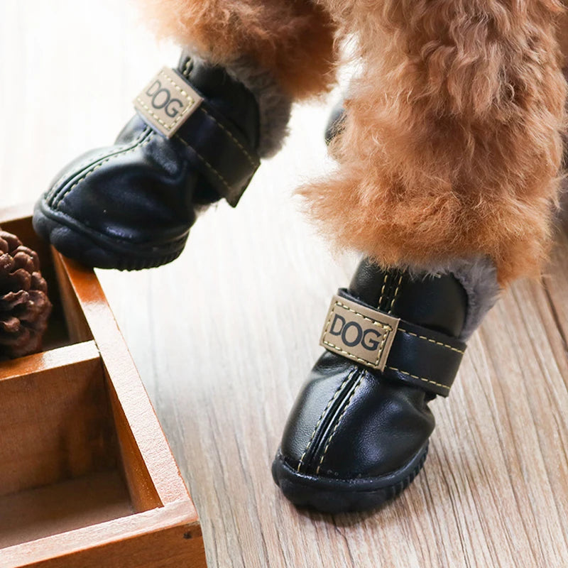 4Pcs/set Winter Pet Shoes Waterproof Thick Warm Leather Dog Shoes Non-slip