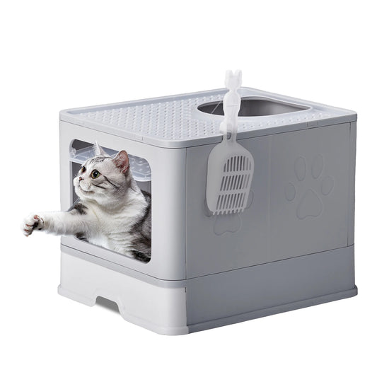 Large Enclosed Cat Litter Box with Lid Cover, Detachable Cat Toilet with Litter Scoop Slide Out Tray Front Entry Top Exit Door