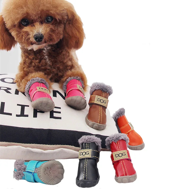 4Pcs/set Winter Pet Shoes Waterproof Thick Warm Leather Dog Shoes Non-slip