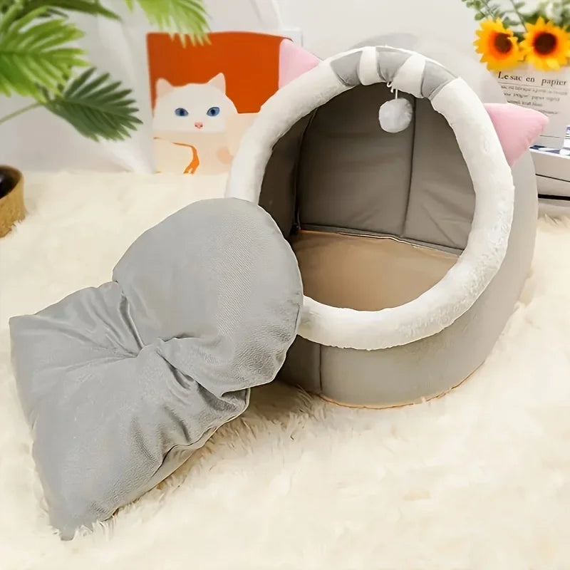 Comfortable Cartoon Cat House with Removable Pad, Modern Style Pet Bed Cave, Indoor Plush House Bed