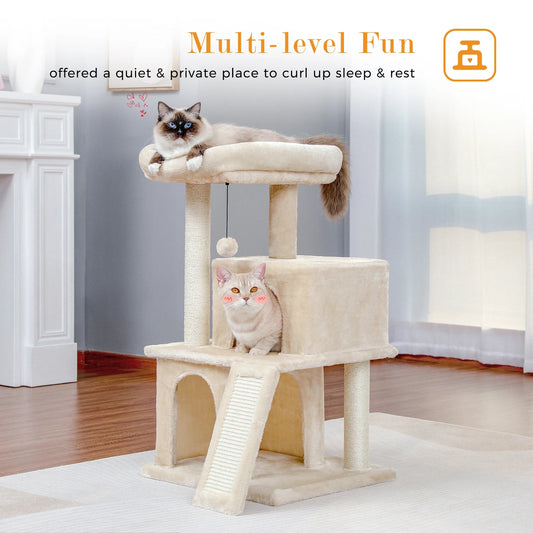 Multi-level Cat Tree with Spacious Perch,Double Condos,Fully Wrapped Scratching Sisal Post