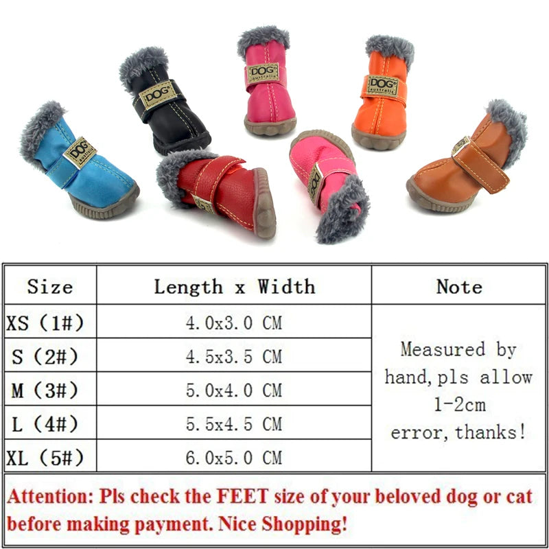 4Pcs/set Winter Pet Shoes Waterproof Thick Warm Leather Dog Shoes Non-slip