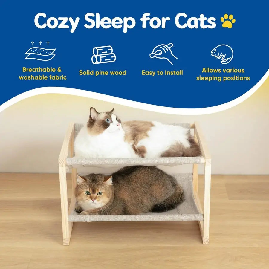 Hammock, Double Layer Wooden Bed for Indoor Cats, 2 Tier Elevated Cat Bed